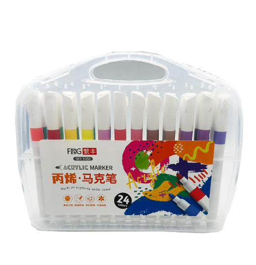 Set 24 de Markere acrilice, penar din plastic transparent inclus