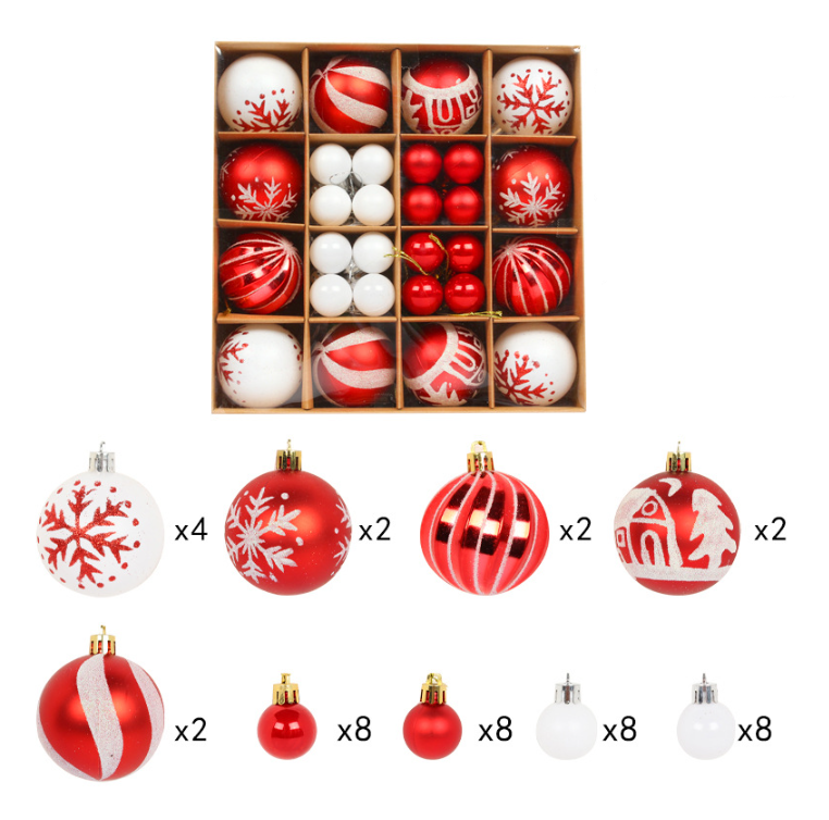 Set globuri de Craciun, 40 piese, Rosu cu Alb