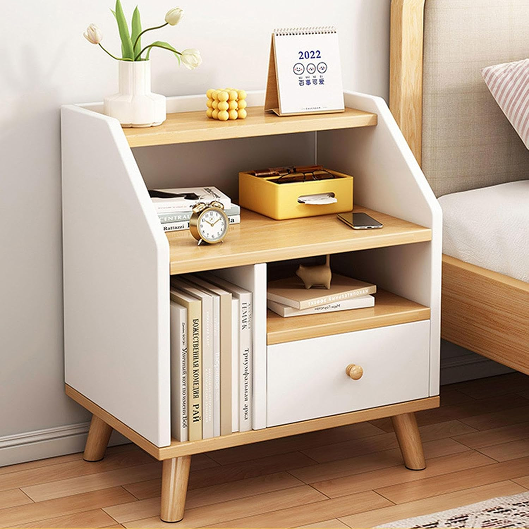 Noptieră Modernă cu 3 Polițe & Sertar | MDF Premium | Compartiment Cărți | 40 x 30 x 53 cm | Design Minimalist Scandinav