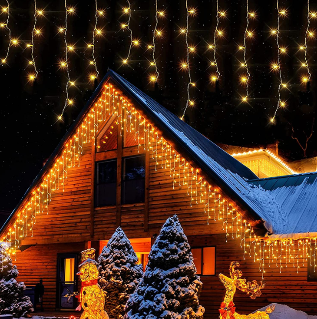 Instalatie Craciun 8 metri turturi, franjuri inegali cu 200 LED, Alb Cald