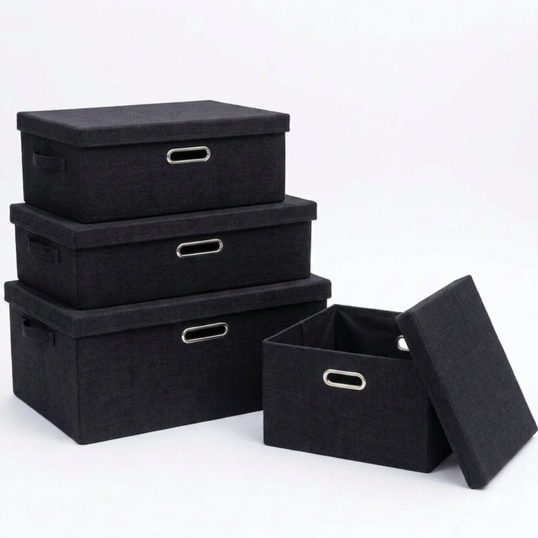 Cutie Depozitare cu Capac Classico | Organizator Textile Tip Linen | Diverse Dimensiuni | Stivuibila | NEGRU