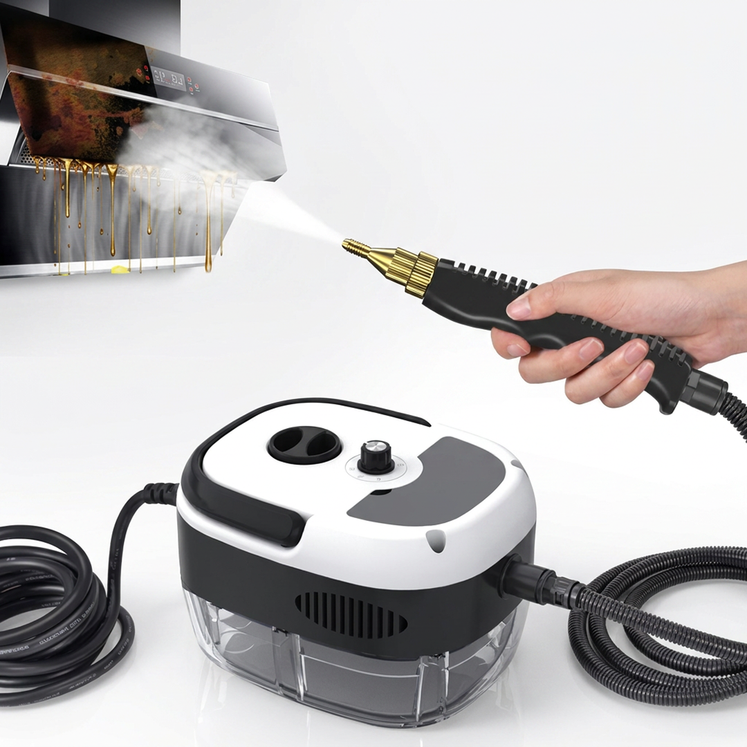 Aparat Curatat cu Abur 2500W | Rezervor 1L | Incalzire 3 Min | Presiune 3 BAR | Conduct 2.2m | 4 Accesorii | Dezinfectare Acarieni Bacterii | Alb/Negru
