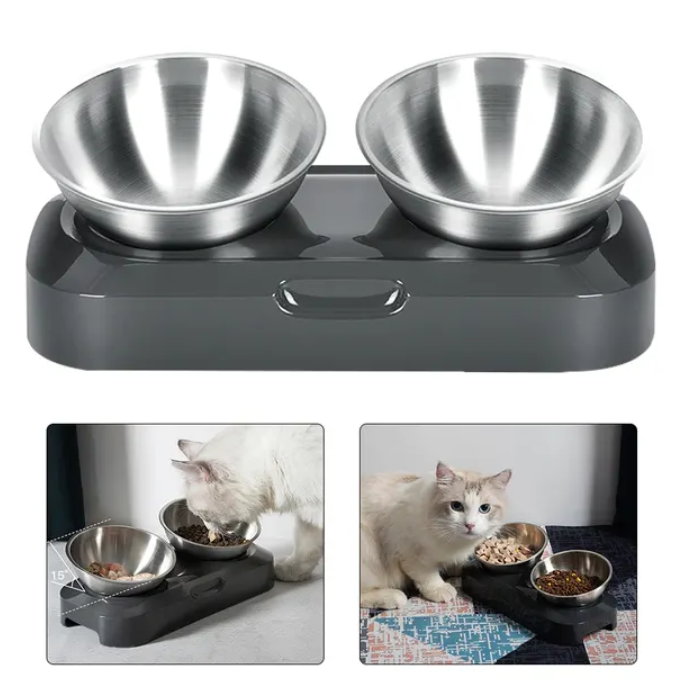 Set 2 boluri inox , pentru hrana animalelor, cu suport si inclinare reglabila