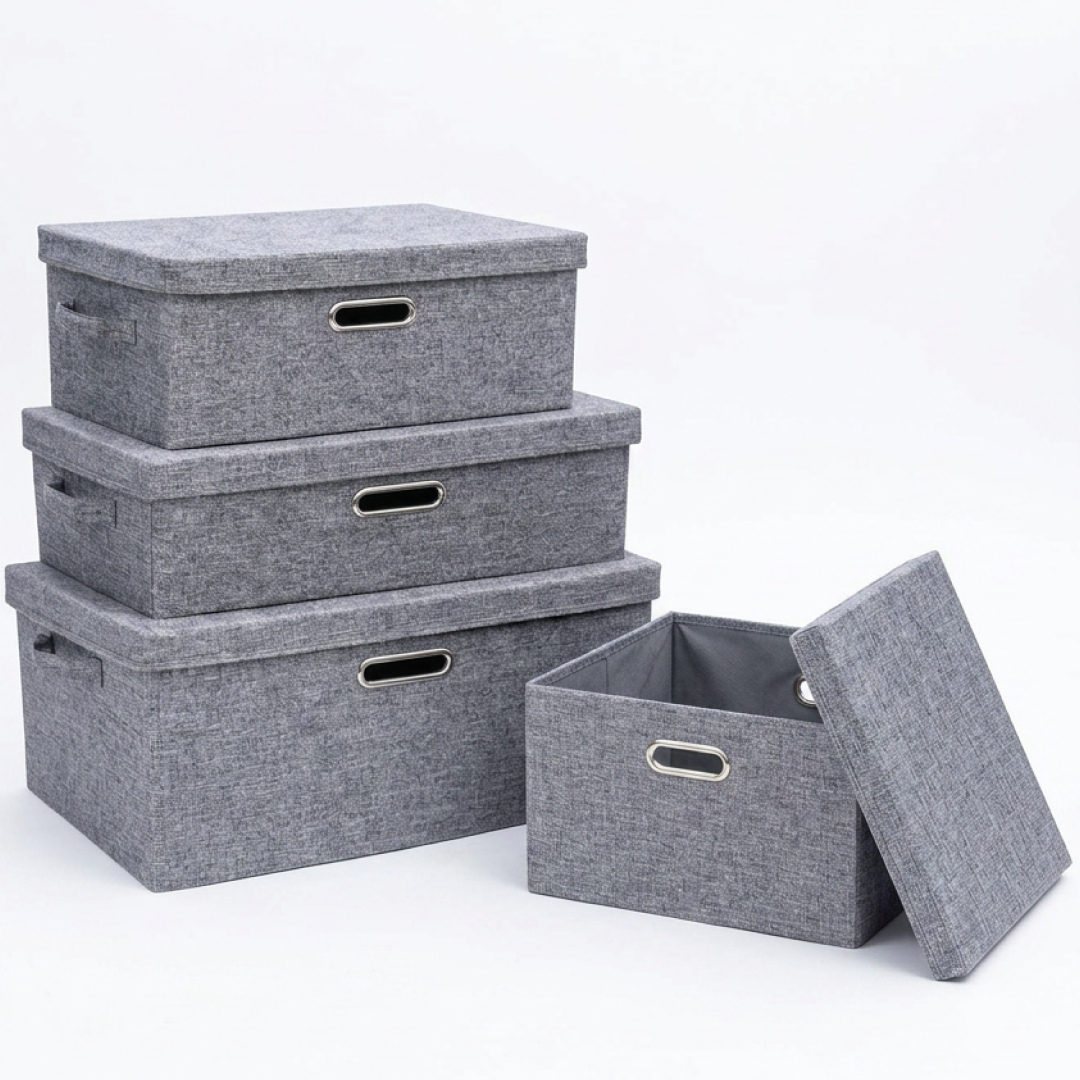 Set 4 Cutii Depozitare cu Capac | Organizator Textile Tip Linen | Diverse Dimensiuni | Stivuibila | GRI