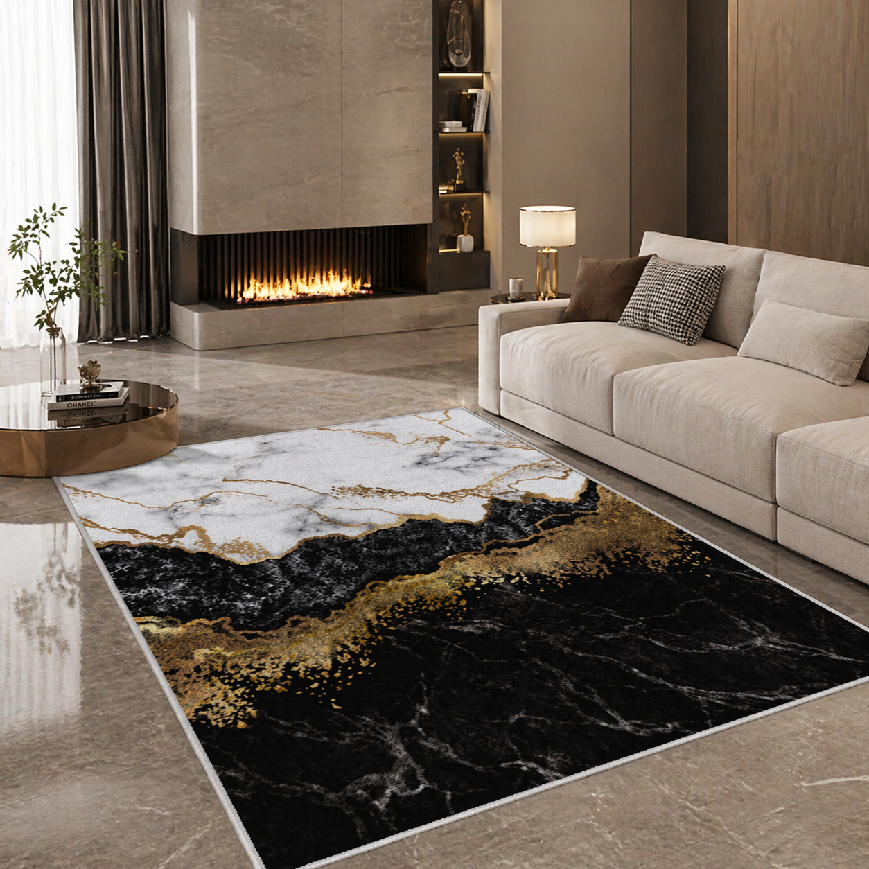 Covor abstract modern 160x200 cm negru-auriu-alb – Design premium, confort si stil pentru living