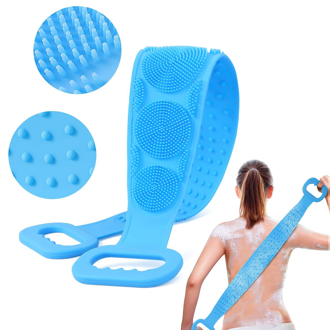 Scrubber Baie Silicon cu 2 Fete Striate | Banda Exfoliere si Spalare Spate | Curatare Profunda Piele | Premium | Albastru