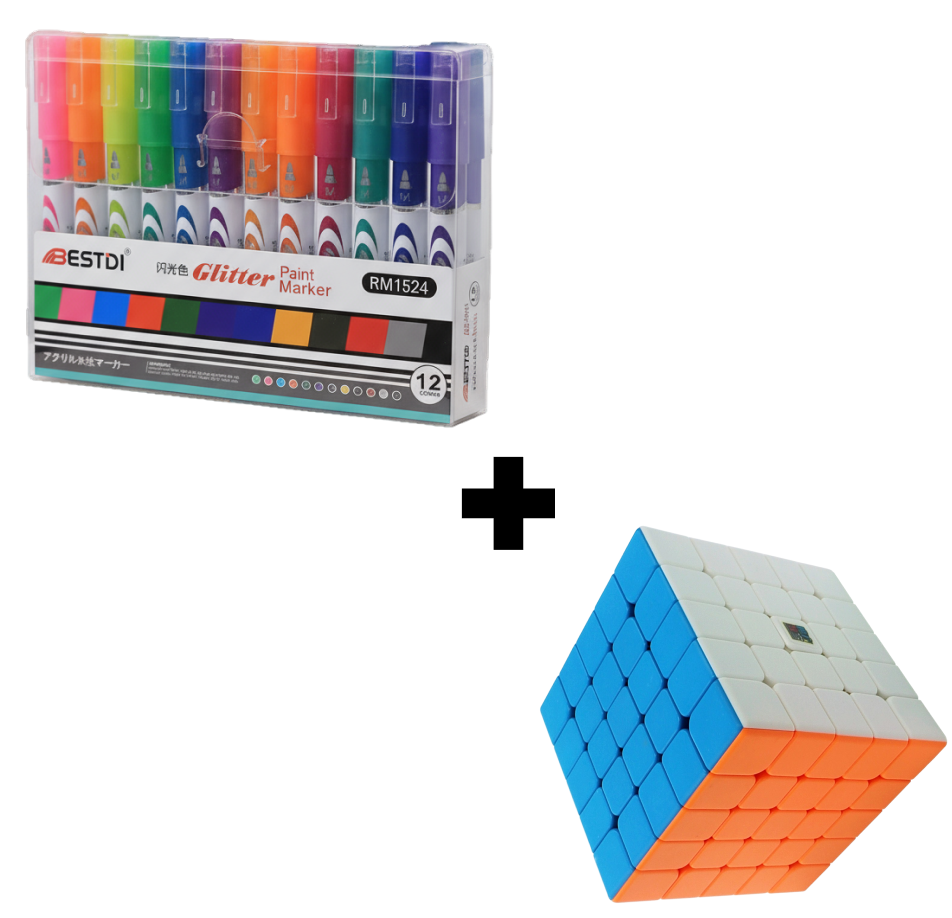 Pachet Promo | Set 12 Markere Acrilice Bestdi cu Sclipici + Cub Rubik 4x4x4