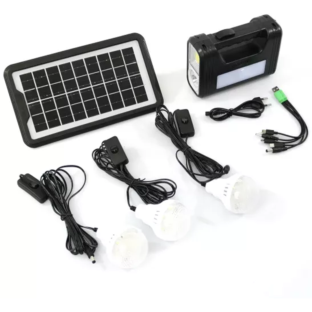 Kit Panou Solar cu 3 Becuri LED si 3 Surse de Iluminat Incorporate | Incarcare Solara sau 220V | USB 5V | Camping si Pene de Curent
