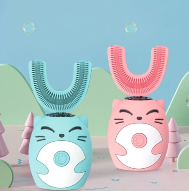 Periuta de dinti electrica pentru copii, in forma de U, din silicon, rezistenta la apa, periaj si curatare gingii