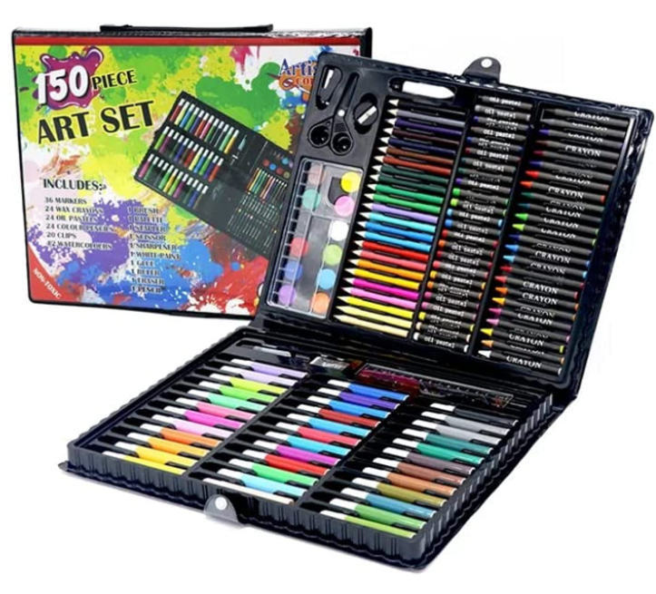 Trusa de colorat compartimentata, 150 de elemente, creioane colorate, aquarele, creioane cerate, accesorii