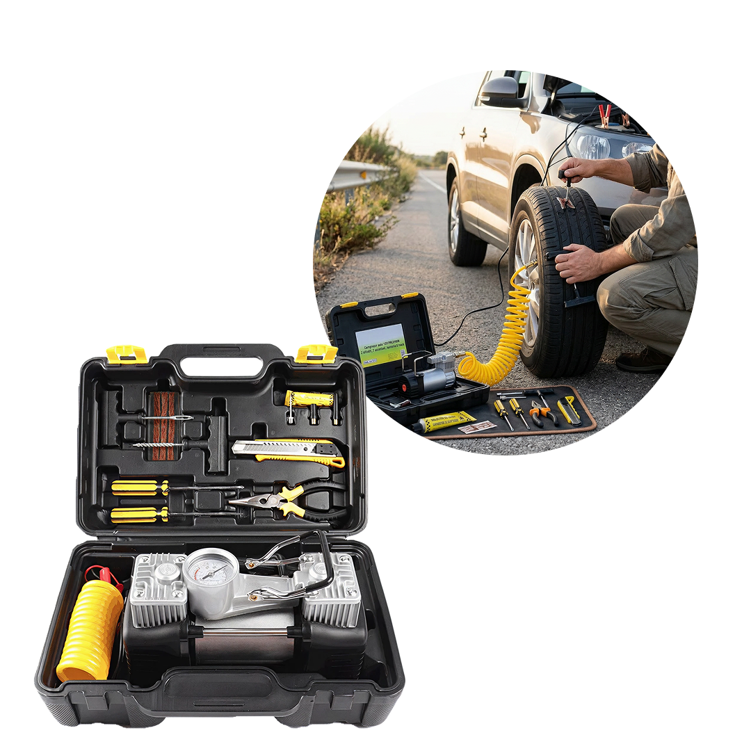 Compresor Auto 12V Cu 2 Cilindri | Debit 70L/Min | Presiune 150 PSI | Kit Reparatie Pana | Valiza Transport