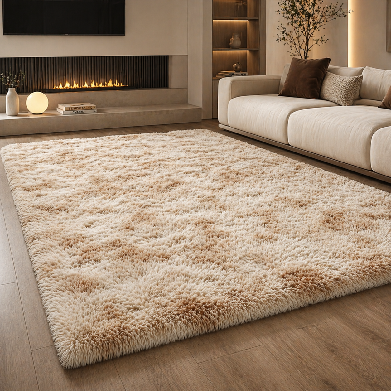 Covor fluffy premium bej 150x200 cm – Ultra moale, design modern, confort premium pentru living si dormitor