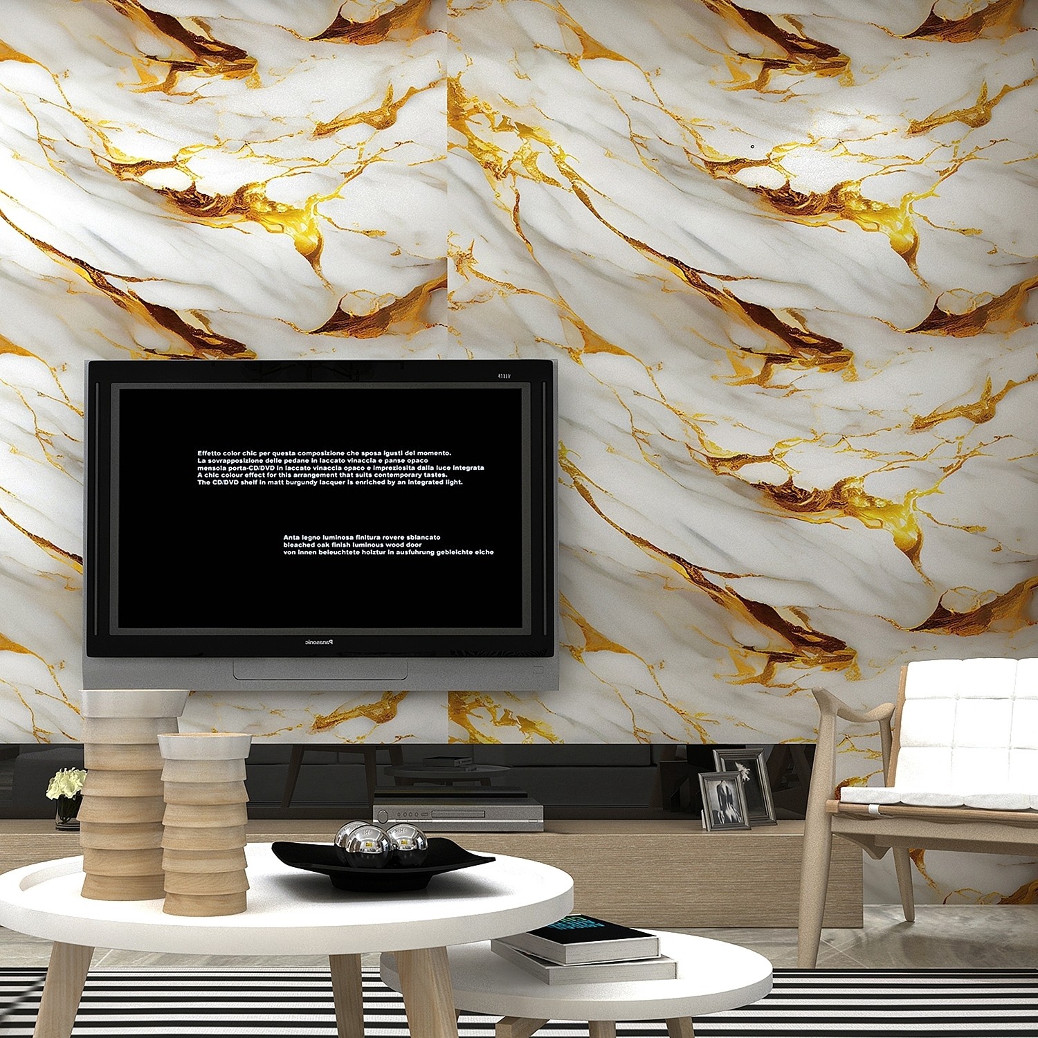 Folie Autoadeziva Rezistenta, Tapet Impermeabil, Efect Marmura cu Insertii Aurii, 60 x 300 cm, 