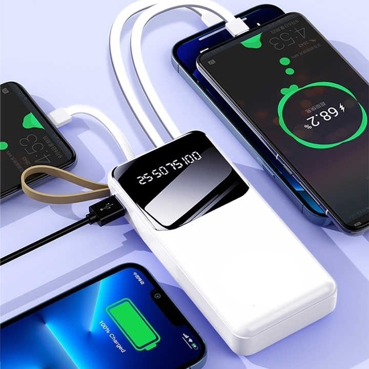 Baterie externă 6000mAh cu 4 cabluri integrate USB, micro USB, USB Type-C și iPhone.