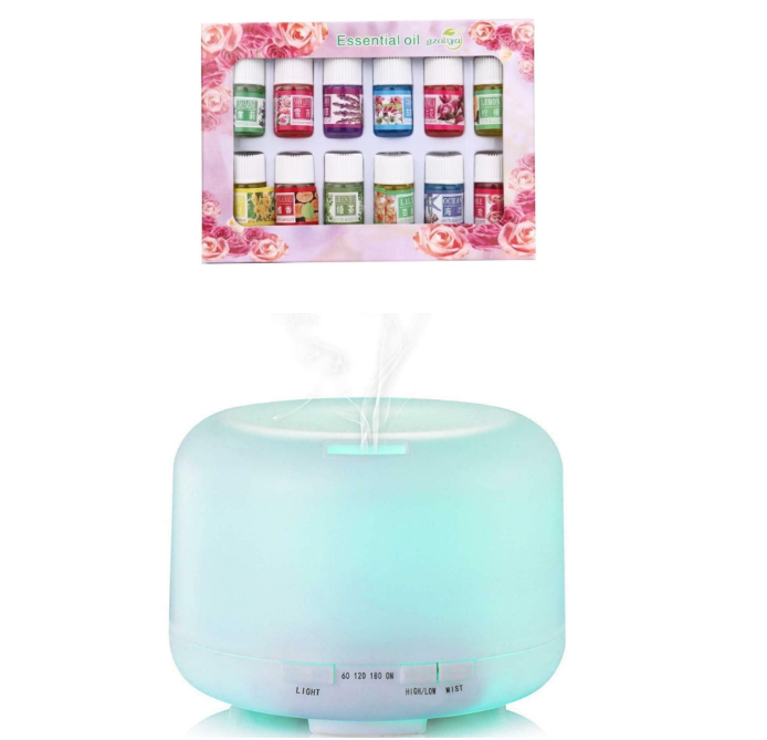 PROMO - Difuzor Aromaterapie si Umidificator cu ultrasunete, 300ml, LED 7 culori + Set 12 x 3ml uleiuri esentiale aer Relaxare Fragrancing