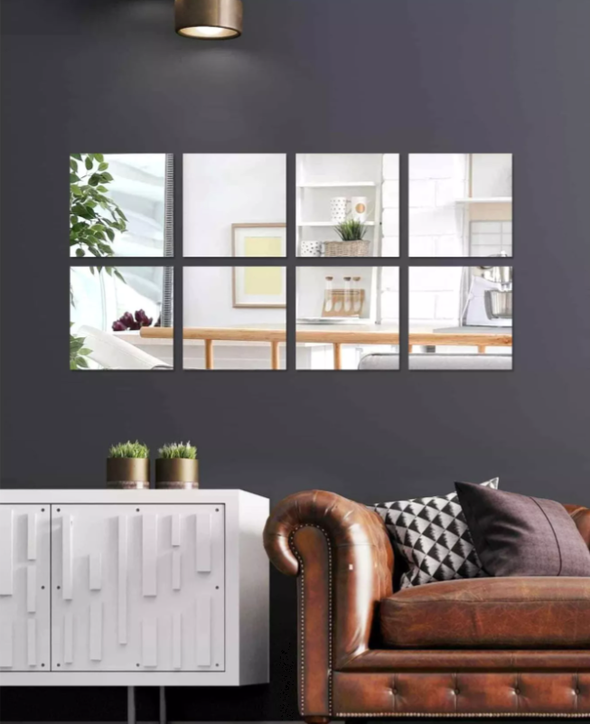 Set Oglinzi acrilice autoadezive, 32 de piese, dimensiune 120X60 cm, forma patrata, Argintii