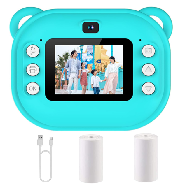 Camera Foto Digitala pentru Copii, Imprimare Termica, Display Color, Full HD, 24 MP, Bluetooth, Turcoaz/Roz/Mov