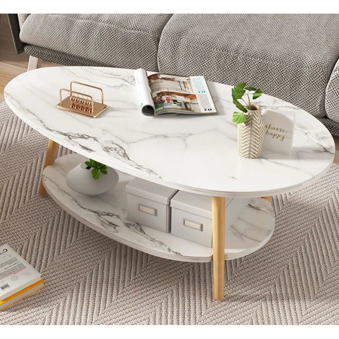 Masă Cafea Ovală | Design Elegant cu Poliță | 3 Picioare | Blat MDF | Alb | 90 x 50 x 42 cm | Stil Modern Scandinav