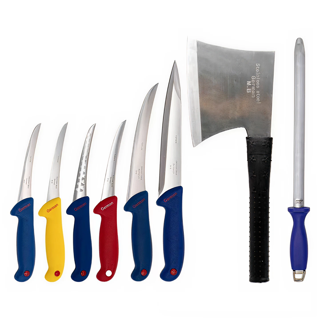 Set macelarie 8 piese inox | 6 cutite | masat | toporisca | manere ergonomice | profesional