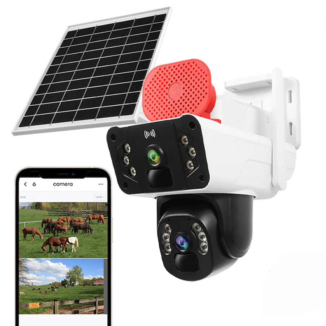 Camera Supraveghere 4G Solar Dual-Lens 8MP | Card 32GB Cadou | Night Vision Color | Audio Bidirectional | IP66 | AI Tracking | Sirena Integrata