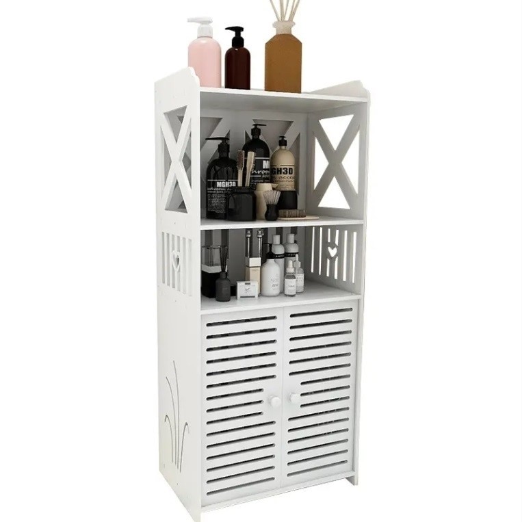 Dulap Baie PVC Alb | 3 Polite Deschise si 2 Usi Depozitare Discreta | Rezistent Umiditate | 90x40x25cm | Baie si Bucatarie