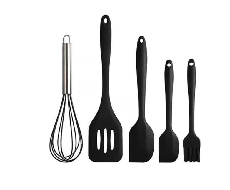 Set 5 ustensile de bucatarie din silicon termorezistent, tel, pensula, spatula mare, spatula mica, paleta, negru, teleMAG