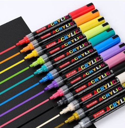 Set de 12 Markere cu vopsea Acrilica foarte pigmentata, cu varf rotund de 4mm , pentru Hartie, Piatra, Lemn, Ceramica, Sticla, Non-toxic