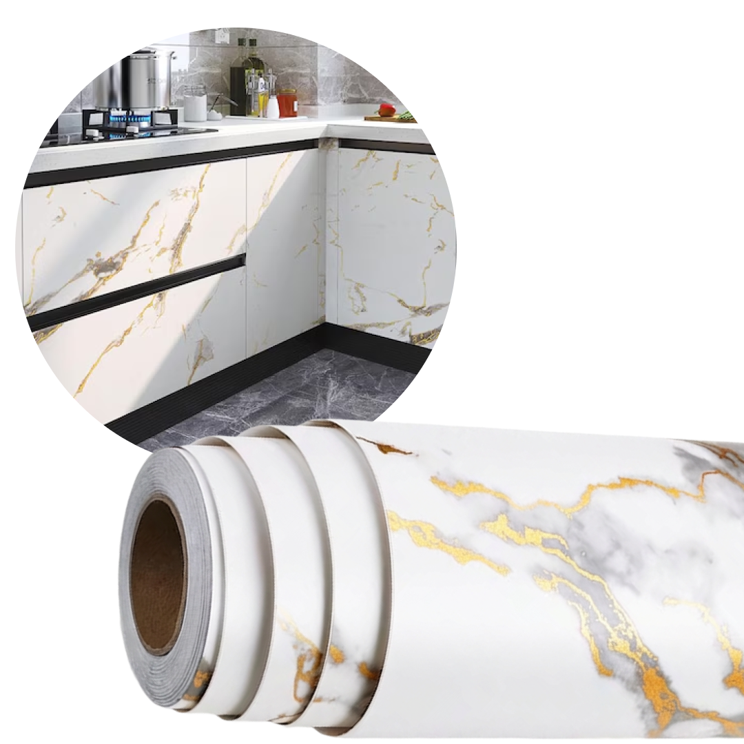 Tapet Autoadeziv 3D Tip Marmura | 300x60 cm | Waterproof | Adeziv Puternic | Alb Cu Auriu