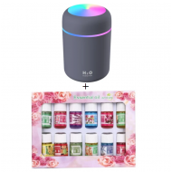 PROMO - Umidificator si Difuzor Aromaterapie cu ultrasunete, capacitate 300ML, LED 7 culori + Set 12 uleiuri esential, 3 ml, de fructe si flori, parfum Purificator si Umidificator si SPA