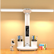 Lampa de birou LED cu suport de pixuri, afisaj temperatura, ora, data, 3 moduri si 5 intensitati, pliabila,
