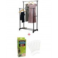 Pachet promo: Suport Mobil Dublu, Metalic pentru Haine si Umerase + Set 8x Umerase, organizatoare haine