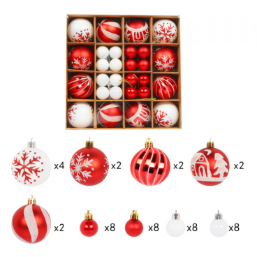 Set globuri de Craciun, 40 piese, Rosu cu Alb