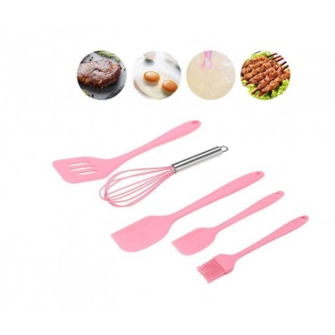 Set 5 ustensile de bucatarie din silicon termorezistent, tel, pensula, spatula mare, spatula mica, paleta, roz,teleMAG
