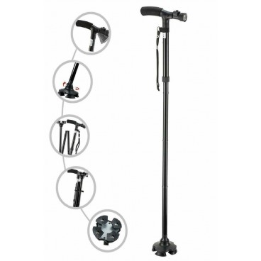 Baston telescopic de sprijin pliabil cu lanterna si pivoti stabilizatori