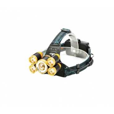 Lanterna cu 5 LED-uri, 8000 lm, Rezistenta la apa, 2 baterii, 28650 mAh, aliaj aluminiu, Negru/Auriu teleMAG