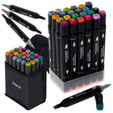 Set 24 Markere, 2 Capete “Subtire Si Gros”, Cu Geanta De Depozitare, Carioci Multicolore