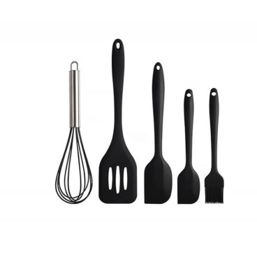 Set 5 ustensile de bucatarie din silicon termorezistent, tel, pensula, spatula mare, spatula mica, paleta, negru, teleMAG