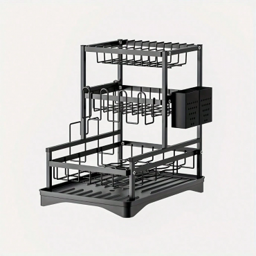 Suport Uscator Vase Bucatarie 3 Niveluri | Tava Scurgere Rotativa 360° Extensibila | Suport Pahare Universal | Suport Tocator si Tacamuri | 43x30.5x43.5cm | Metal Negru