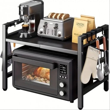 Suport Extensibil Cuptor Microunde 2 Niveluri | Reglabil 40-64x45x36.5cm | 3 Carlige | Suporta 25kg | Otel Carbon Anti-Rugina | Ventuze Anti-Alunecare