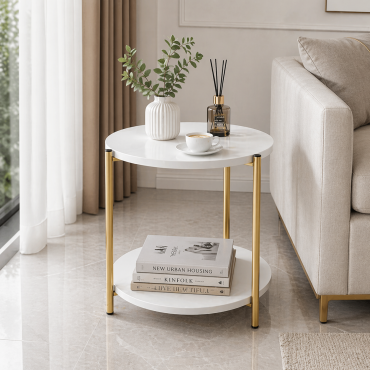 Masa laterala rotunda alb model marmura 40x40x43 cm cu raft – Stil modern chic, cadru auriu elegant