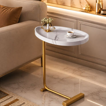 Masuta de cafea laterala tip C 40x30x60 cm – Efect marmura alba si auriu – Design nordic modern, compact si elegant