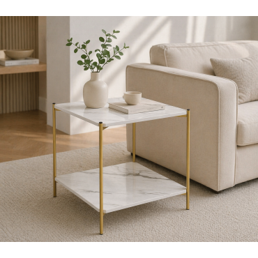 Masuta cafea efect marmura alba cu cadru auriu 40x40x43 cm – Design modern cu 2 rafturi, eleganta si spatiu extra