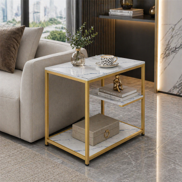 Masuta cafea model marmura alb-auriu 60x40x68 cm 3 nivele – Design modern premium, organizare maxima