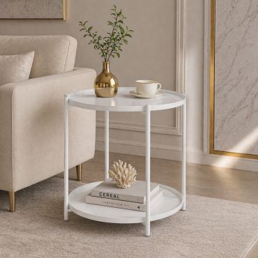 Masuta cafea rotunda alba 42x52 cm 2 nivele – Design modern elegant, depozitare inteligenta