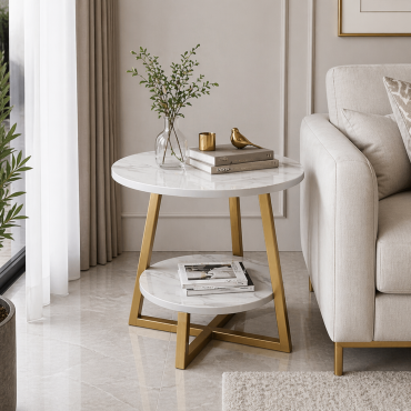 Masuta cafea rotunda dubla model marmura alb-auriu 40x40x55 cm 2 nivele – Design modern minimalist, accesoriu elegant pentru locuinte