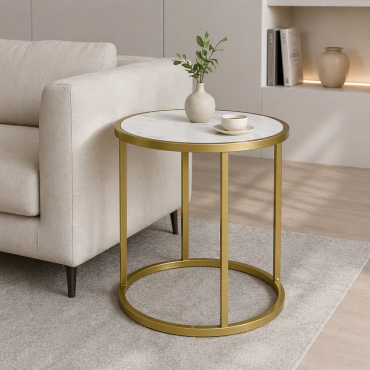 Masuta cafea rotunda aspect marmura alb-auriu 40x40x45 cm – Model premium modern, eleganta minimalista