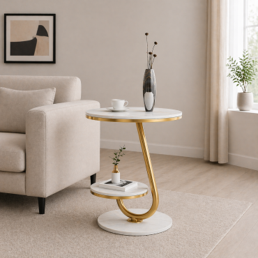 Masuta dubla cafea model marmura alb-auriu 45x60 cm cu raft – Design modern premium, stil elegant cu depozitare dubla