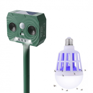 Pachet Promo | Bec LED Anti-Insecte 15W E27 UV 2in1 + Aparat Ultrasunete Solar Anti-Animale | Senzor Miscare 120° | 5 LED Stroboscopice | IP44 | 