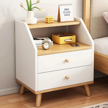 Noptieră Vivendo cu 2 Sertare & Raft Superior | MDF Premium | Picioare & Mânere din Lemn | 40 x 30 x 53 cm | Gri sau Alb