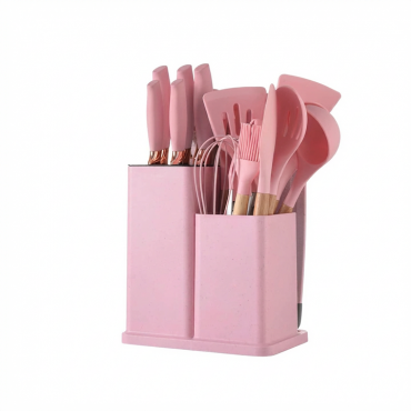 Set Cutite Si Ustensile Bucatarie Cu Suport | Otel Inoxidabil + Silicon Termorezistent | Antiaderent | Tocator Inclus